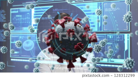 Digital interface with covid-19 cells and data processing against thoughtful caucasian male doctor 128312299