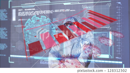 Covid-19 statistical data processing against health worker in protective clothes Covid-19 statistical data processing against health worker in protective clothes 128312302