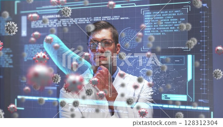 Digital interface with covid-19 cells and data processing against thoughtful caucasian male doctor 128312304