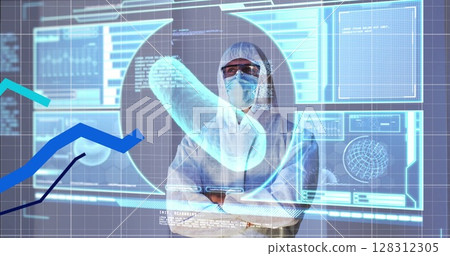 Multiple blue graphs moving over screen with medical data processing against health worker Multiple blue graphs moving over screen with medical data processing against health worker 128312305