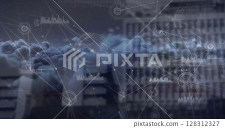 Image of network of connections and data processing over cityscape 128312327