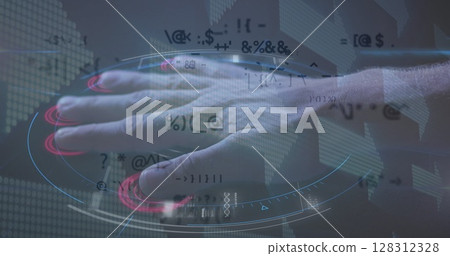Image of data processing with arrows over man touching biometric screen Image of data processing with arrows over man touching biometric screen 128312328