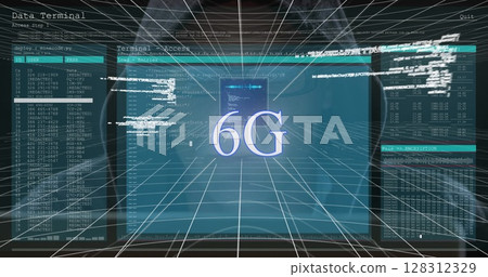 6g text over screen with data processing against male hacker using computer 6g text over screen with data processing against male hacker using computer 128312329