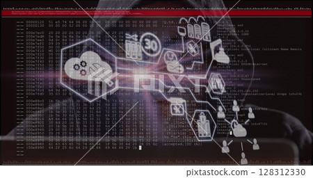 Network of digital icons over screen with data processing against male hacker using computer Network of digital icons over screen with data processing against male hacker using computer 128312330