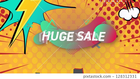 Image of huge sale text in white over green to red shapes on retro pop art graphic 128312331