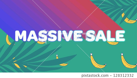 Image of retro massive sale white text with rainbow shadow over bananas and leaves Image of retro massive sale white text with rainbow shadow over bananas and leaves 128312332