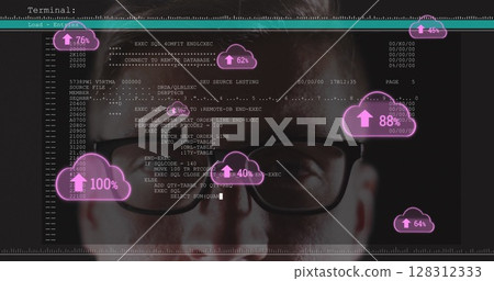 Cloud with increasing percentage icons over screen with data processing against male hacker Cloud with increasing percentage icons over screen with data processing against male hacker 128312333