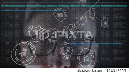 Multiple digital icons floating over male hacker against data processing on black background Multiple digital icons floating over male hacker against data processing on black background 128312335