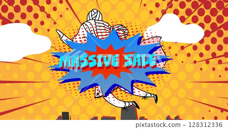 Image of retro massive sale text on blue speech bubble and superhero over red dots on yellow Image of retro massive sale text on blue speech bubble and superhero over red dots on yellow 128312336