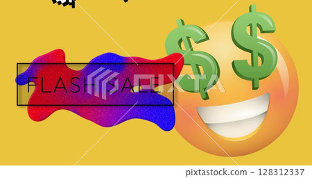Image of retro flash sale text with speech bubbles and emoji with dollar symbols on yellow Image of retro flash sale text with speech bubbles and emoji with dollar symbols on yellow 128312337