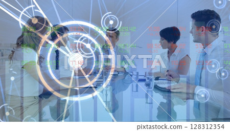 Network of connections and stock market data processing against business people discussing at office Network of connections and stock market data processing against business people discussing at office 128312354