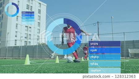 Statistical data processing against male soccer player training on grass field Statistical data processing against male soccer player training on grass field 128312363
