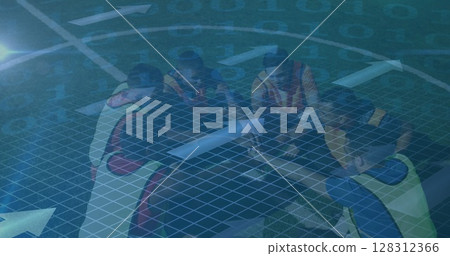 Binary coding data processing and arrows against team of male soccer players forming hand stack 128312366
