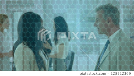 Statistical data processing against diverse businessman and businesswoman shaking hands 128312369