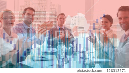 Statistical data processing against portrait of business people clapping together at office 128312371