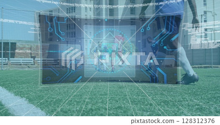 Digital interface with data processing against two team of male soccer players playing soccer 128312376
