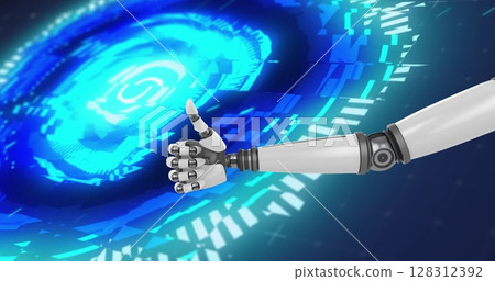 Image of robot's hand with thumbs up scopes scanning on blue background Image of robot's hand with thumbs up scopes scanning on blue background 128312392