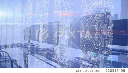 Image of computer circuit boards over computers in empty office on blue background Image of computer circuit boards over computers in empty office on blue background 128312406