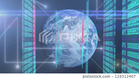 Image of numbers processing and biometric fingerprints over globe on blue background 128312407