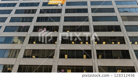 Image of follow us and subscribe text and social media icons over office building Image of follow us and subscribe text and social media icons over office building 128312436
