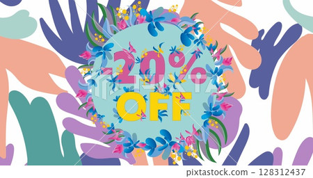 Image of 20 percent off text on blue circle with floral pattern on white background Image of 20 percent off text on blue circle with floral pattern on white background 128312437
