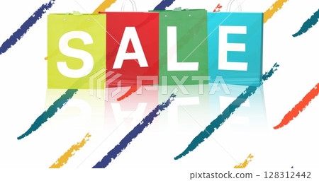 Image of sale text on multi coloured shopping bags and colourful strokes on white background Image of sale text on multi coloured shopping bags and colourful strokes on white background 128312442