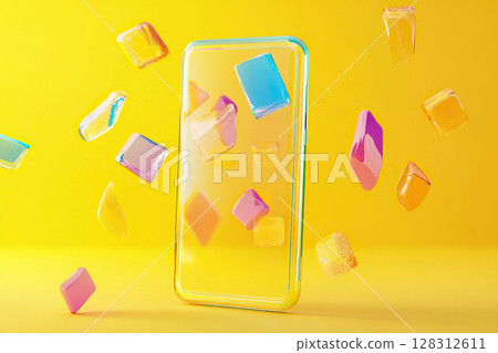 Transparent gel mockup of smartphone on bright yellow background. 128312611