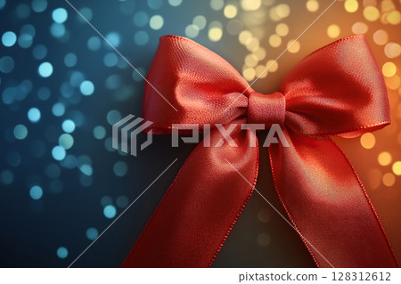 A red bow against a golden bokeh background symbolizes a gift, a holiday. 128312612