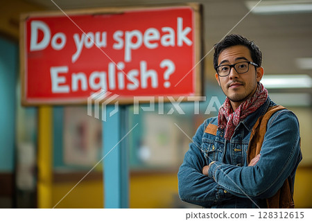 Young Indian student in casual clothes stands near a sign saying Do you speak English? School, university, college. 128312615