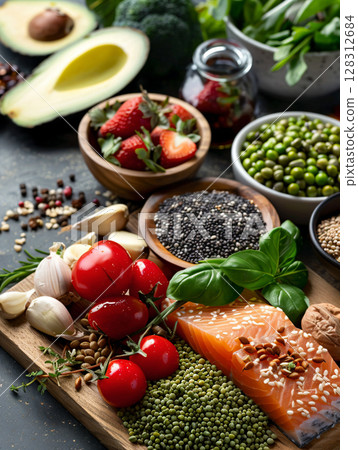 Organic food for healthy nutrition, superfoods, meat, fish, legumes, nuts, seeds and greens. AI Generated. Organic food for healthy nutrition, superfoods, meat, fish, legumes, nuts, seeds and greens. AI Generated. 128312684