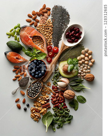 Organic food for healthy nutrition, superfoods, meat, fish, legumes, nuts, seeds and greens. AI Generated. 128312685