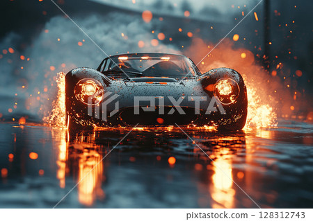 A racing car with flames of fire bursting out from under its wheels on a city street. Generated by artificial intelligence. 128312743