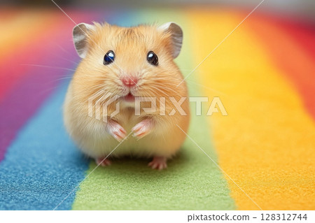 A funny hamster stands on its hind legs on a rainbow carpet. The concept of rodents as pets. Generated by artificial intelligence. 128312744