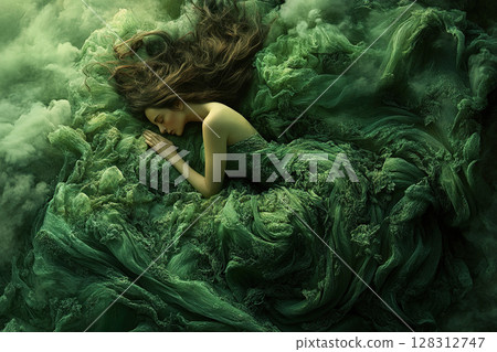 Young woman in green dress sleeping in lush greenery. Environmental conservation concept. 128312747