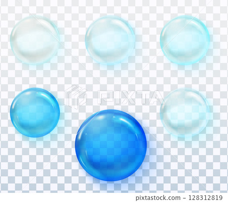 Glossy blue liquid drops set for cleaning products and detergent packaging 128312819