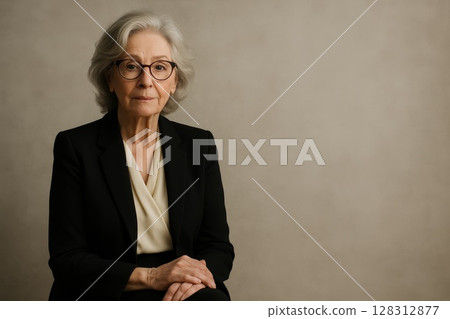 Senior woman in black blazer sitting against beige background, professional studio portrait with copy space 128312877