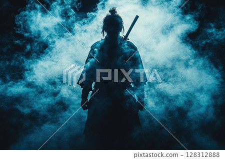 Front view of a samurai warrior wearing in dark clothing standing against a background of thick smoke in the dark. Samurai with a katana. 128312888