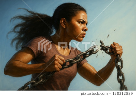 Strong woman breaking chain with hands, symbolizing freedom, empowerment, strength, and resilience against obstacles 128312889