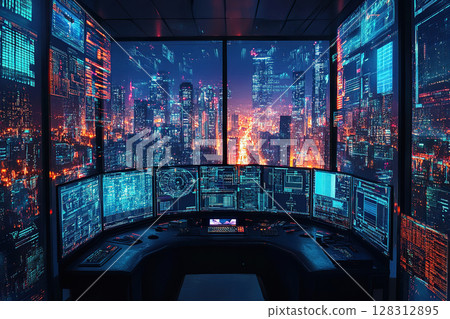 Artificial intelligence controls the city, control center, monitors for tracking people. Generated by artificial intelligence 128312895