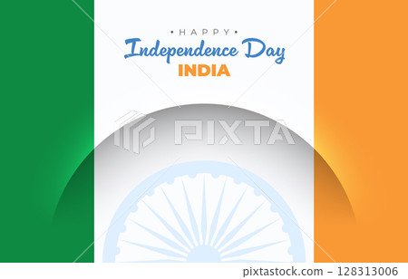Indian flag theme background, shadow cut line for India Independence day. Vector minimalistic graphic banner design. Happy Independence Day text. Holiday poster, invitation, flyer Indian flag theme background, shadow cut line for India Independence day. Vector minimalistic graphic banner design. Happy Independence Day text. Holiday poster, invitation, flyer 128313006