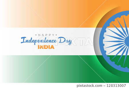 Indian flag theme background, shadow cut line for India Independence day. Vector minimalistic graphic banner design. Happy Independence Day text. Holiday poster, invitation, flyer Indian flag theme background, shadow cut line for India Independence day. Vector minimalistic graphic banner design. Happy Independence Day text. Holiday poster, invitation, flyer 128313007