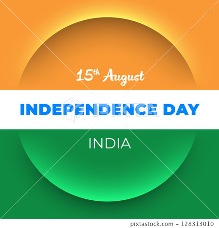 Indian flag theme background square social media post template, shadow cut line for India Independence day. Vector holiday minimalistic graphic banner design. 15 August Independence Day India text Indian flag theme background square social media post template, shadow cut line for India Independence day. Vector holiday minimalistic graphic banner design. 15 August Independence Day India text 128313010