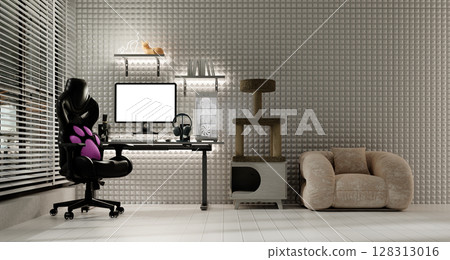 Streaming room with dual monitors and gaming chair in modern aesthetics. 3D render illustration 128313016