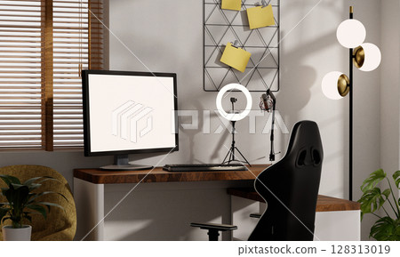Cozy streaming room setup with modern design and functional decor. 3D render illustration Cozy streaming room setup with modern design and functional decor. 3D render illustration 128313019