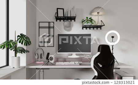 Elegant streaming room setup featuring advanced technology and chic design. 3D render illustration 128313021