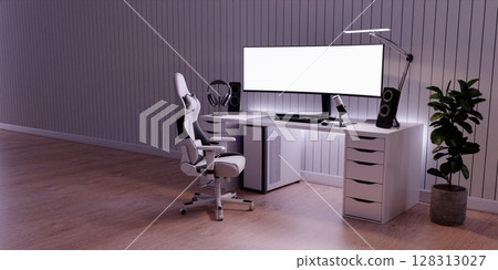 Modern streaming room with ergonomic setup and bright accents. 3D render illustration Modern streaming room with ergonomic setup and bright accents. 3D render illustration 128313027