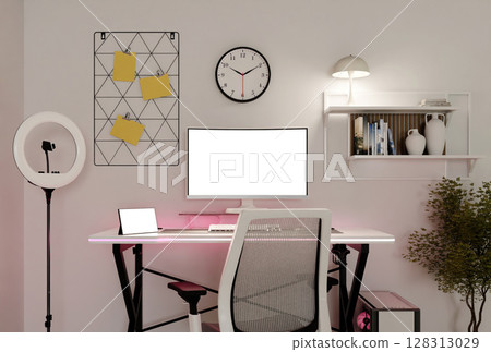 Minimalist streaming room with modern decor and functional workspace. 3D render illustration Minimalist streaming room with modern decor and functional workspace. 3D render illustration 128313029