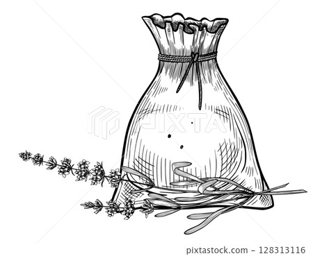 Aromatic herb Sachet with Lavender flowers and stems hand drawn in vintage outline style. Linear vector illustration with bag and plants for natural remedies, calming aromas, or herbal packaging. Aromatic herb Sachet with Lavender flowers and stems hand drawn in vintage outline style. Linear vector illustration with bag and plants for natural remedies, calming aromas, or herbal packaging. 128313116