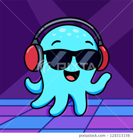 Cool cartoon octopus DJ in sunglasses and headphones dancing on a disco floor. Funky character for a music party poster, t-shirt print, or club mascot. Retro 80s vector illustration. 128313156
