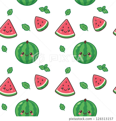 Cute summer seamless pattern with watermelons, slices, and mint leaves. Repeating fruit background for textile, fabric, wrapping paper, or fresh food design. Vector illustration. 128313157
